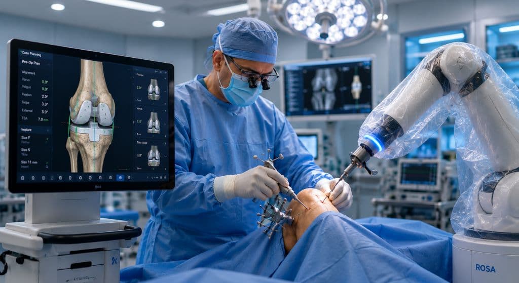 Surgeon operating robotic-assisted knee replacement system